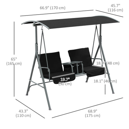 2-Seater Outdoor Porch Swing with Adjustable Canopy and Table, Patio Swing Chair for Garden, Poolside, Backyard, Black