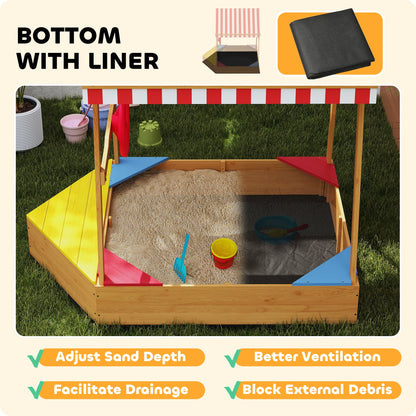 Wooden Kids Sandbox with Cover, 4 Seats, Rudder, Deck, Bottom Liner, 52" x 40" x 55.5" for Ages 3-8, Yellow