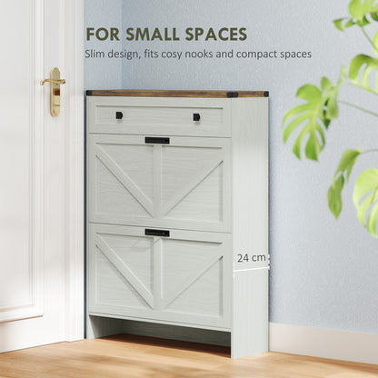 Narrow Shoe Storage Cabinet, Farmhouse Shoe Cabinet with 2 Flip Drawers, 1 Drawer, 12 Pairs for Entryway, White