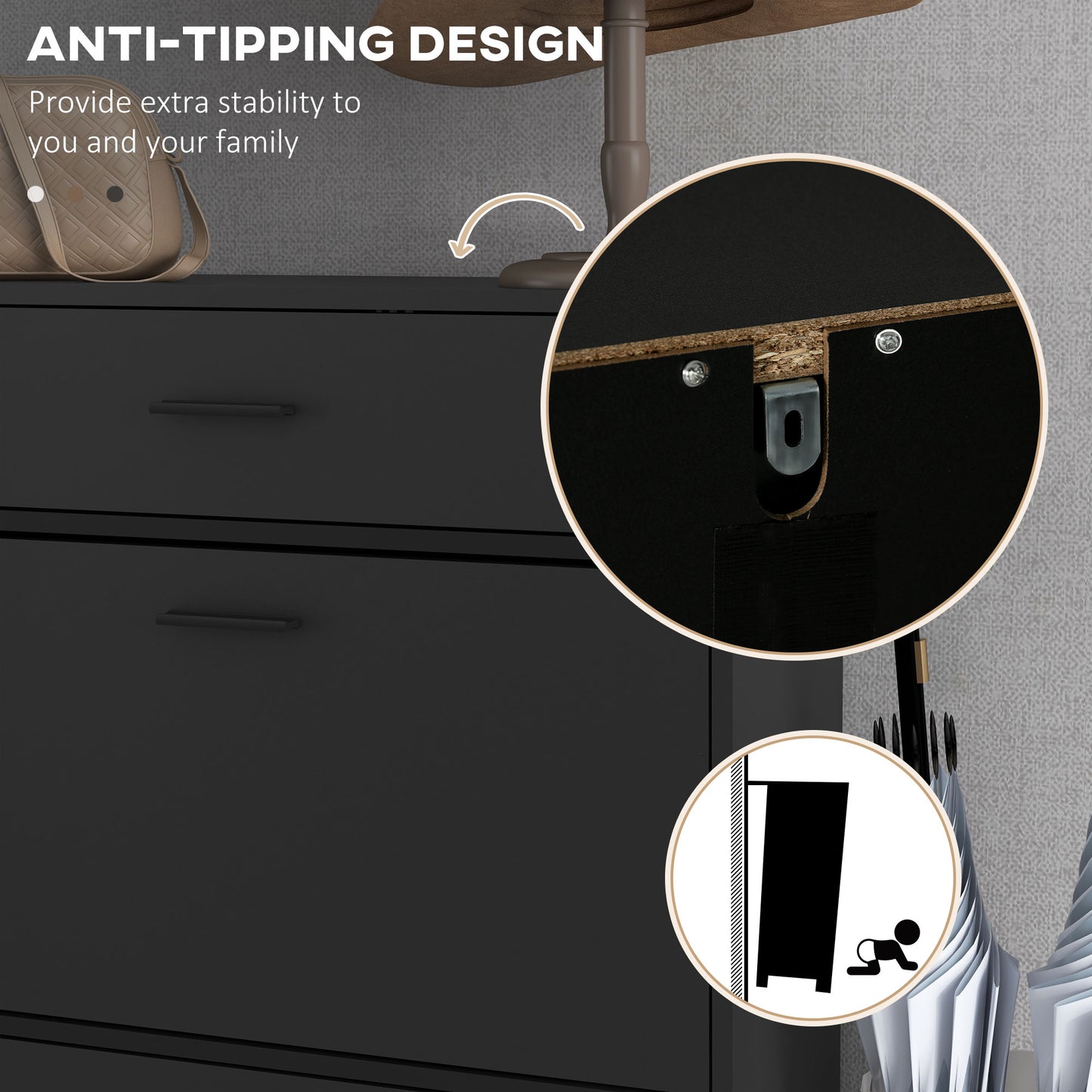 Modern Shoe Cabinet Storage 12 Pair Shoe Organizer with 2 Flip Doors Drawer and Adjustable Shelf Black Kids Crystal