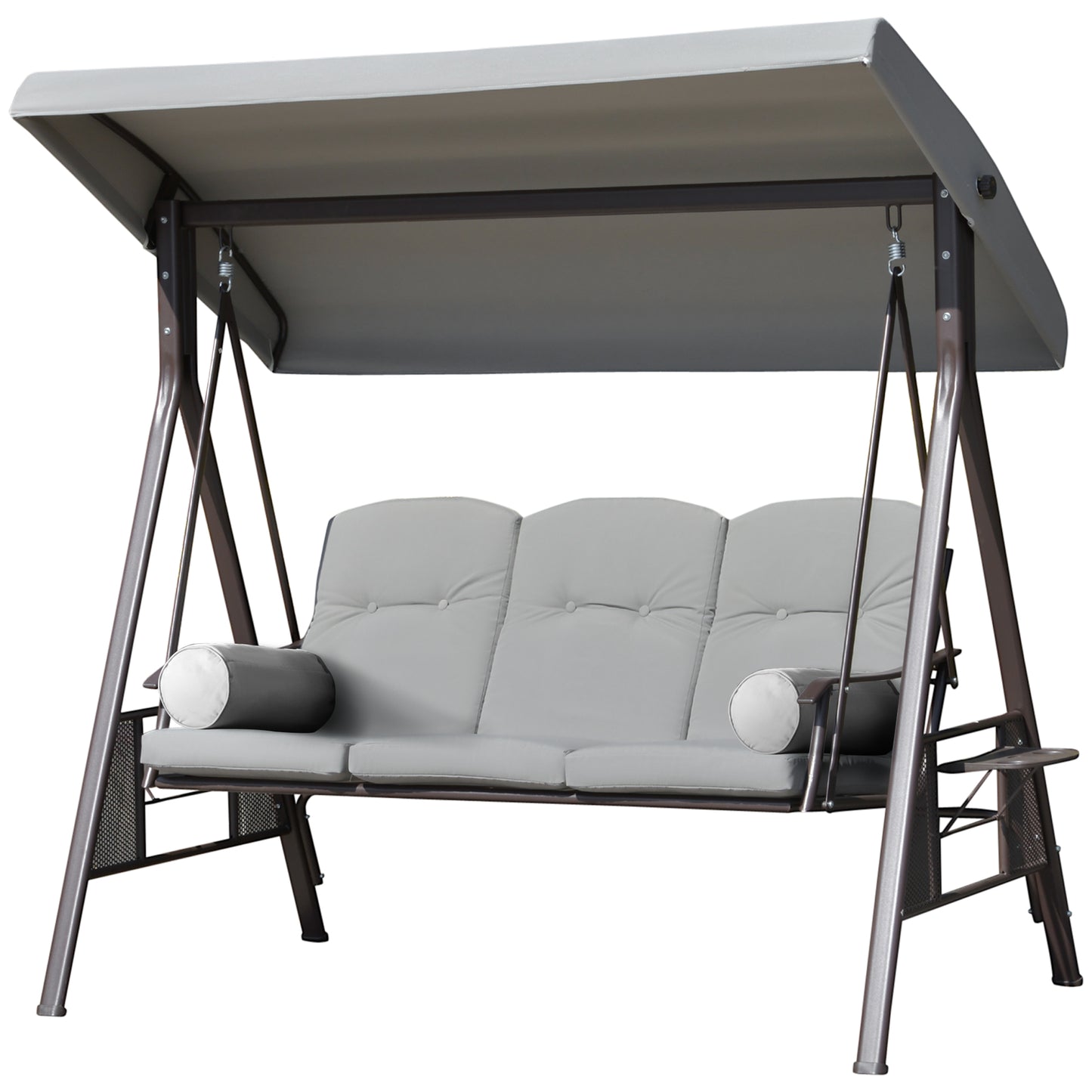 Outdoor Patio 3-Person Steel Canopy Cushioned Seat Bench Swing with Included Side Trays & Padded Comfort, Light Grey Kids Crystal