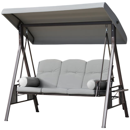 Outdoor Patio 3-Person Steel Canopy Cushioned Seat Bench Swing with Included Side Trays & Padded Comfort, Light Grey