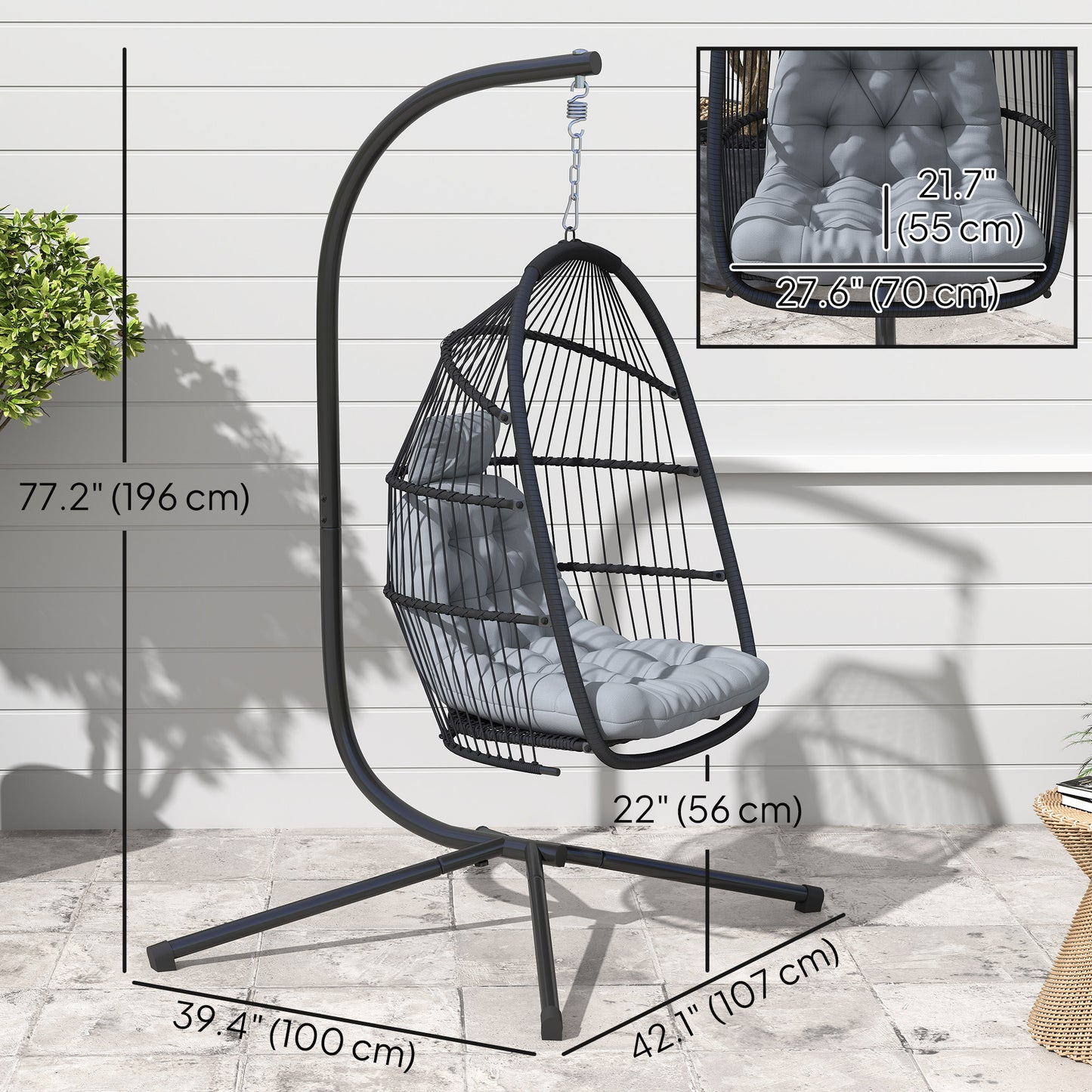 Wicker Egg Swing Chair with Stand, Foldable Hanging Egg Chair with UV Resistant Cushion, Headrest, Dark Grey