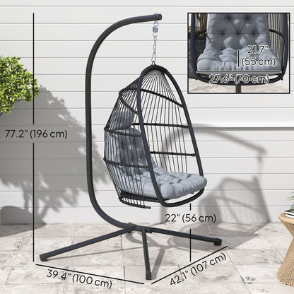 Wicker Egg Swing Chair with Stand, Foldable Hanging Egg Chair with UV Resistant Cushion, Headrest, Dark Grey
