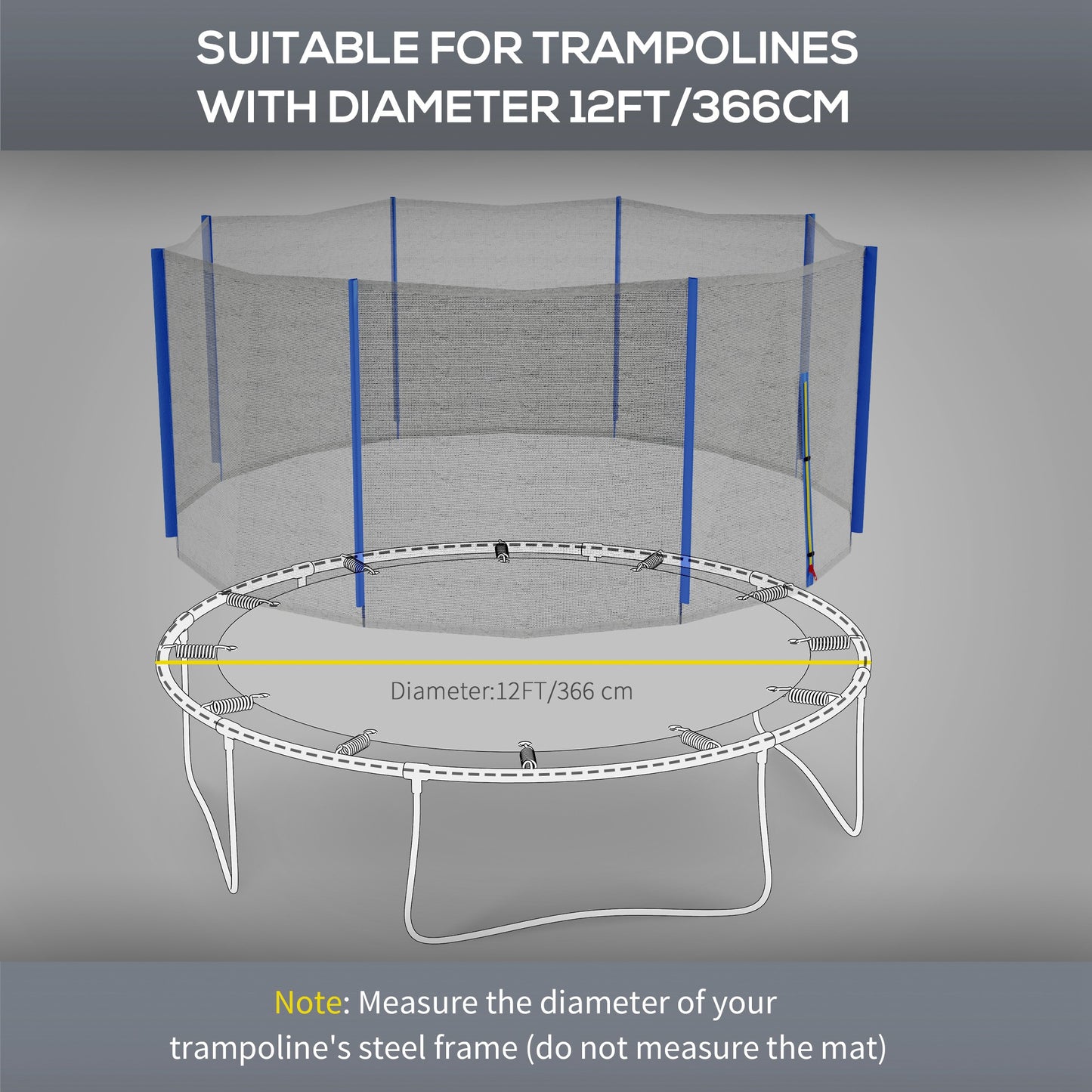 Safety Trampoline Net Enclosure 12ft Round Zippered Entrance Replacement Netting Black Kids Crystal