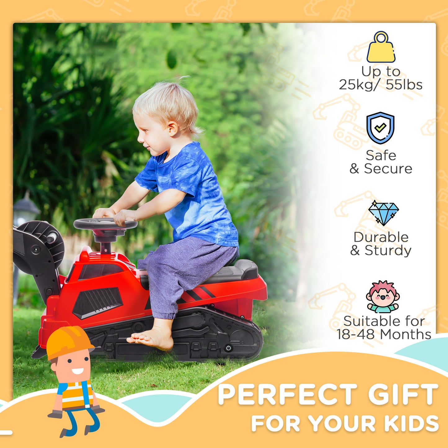 3-in-1 Ride On Red Excavator Bulldozer Road Roller with Music Kids Construction Toy Vehicle Kids Crystal