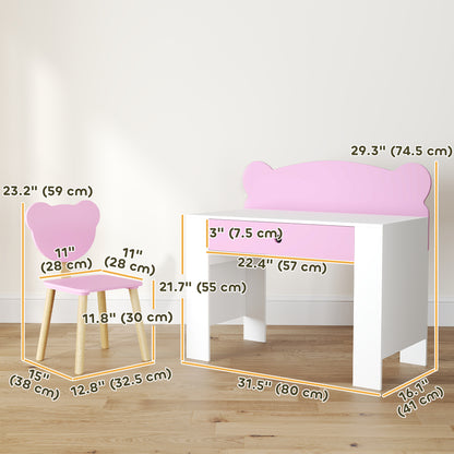 Kids Desk and Chair Set with Drawer for Drawing, Reading, Bear Theme Children Furniture for Bedroom, Daycare, Pink