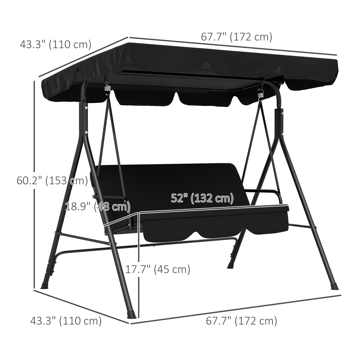 3-Seater Outdoor Porch Swing with Adjustable Canopy, Patio Swing Chair for Garden, Poolside, Backyard, Black Kids Crystal