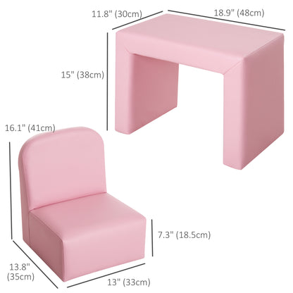 2-in-1 Kids Convertible Table & Sofa Chair Set, Pink Multifunctional Toddler Armchair and Activity Couch