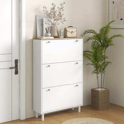 Narrow Shoe Storage Cabinet 3 Flip Drawers Adjustable Shelves Organizer for 24 Pairs White