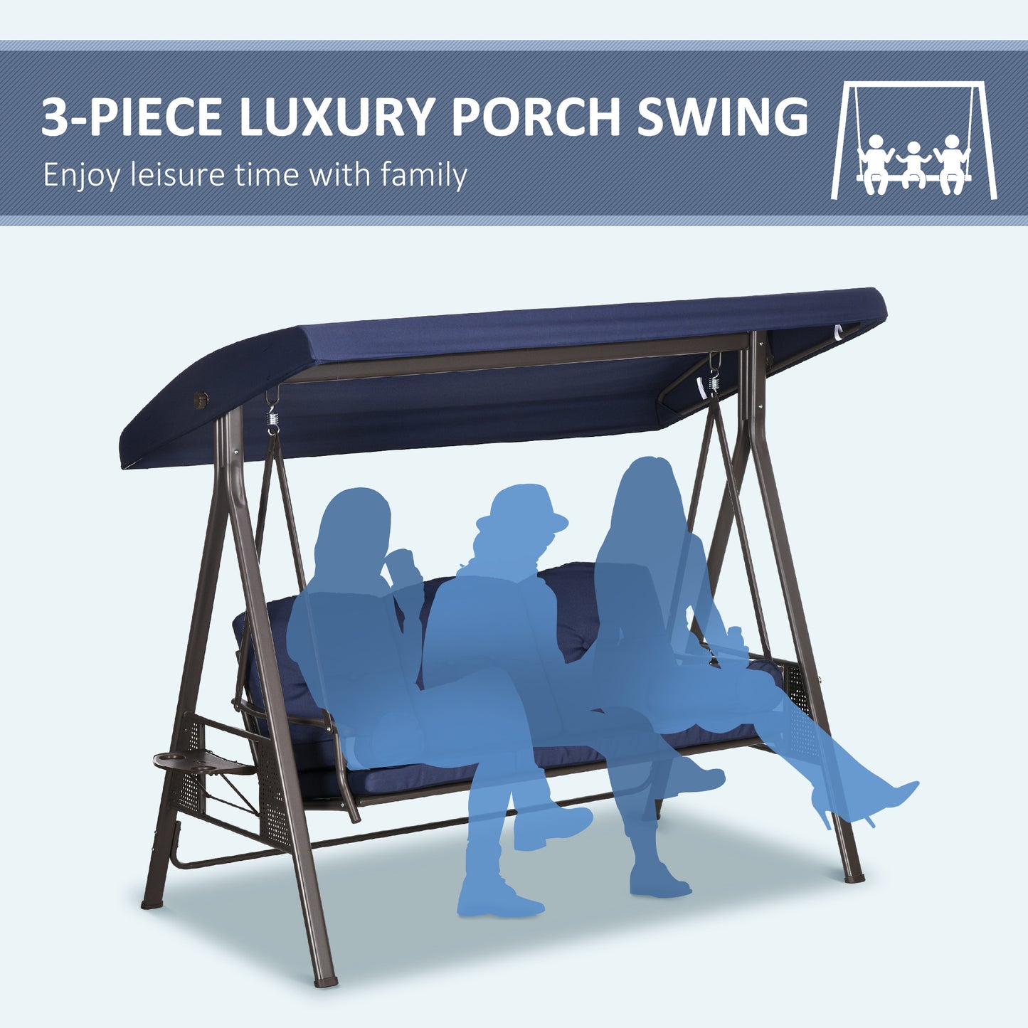 Outdoor Patio 3-Person Steel Canopy Cushioned Seat Bench Swing with Included Side Trays & Padded Comfort, Dark Blue Kids Crystal
