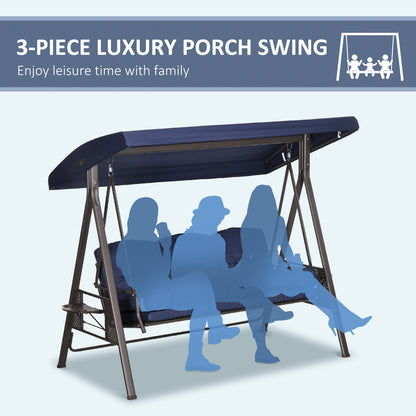 Outdoor Patio 3-Person Steel Canopy Cushioned Seat Bench Swing with Included Side Trays & Padded Comfort, Dark Blue