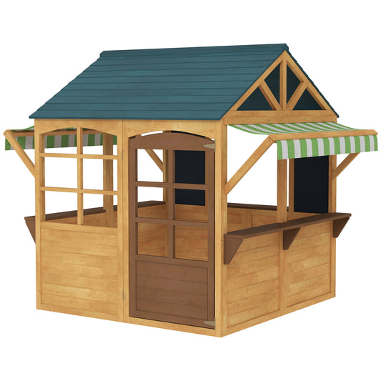 Wooden Foldable Outdoor Playhouse for Kids Ages 3-8, Snack Bars, Working Door, Rain Covers, Blackboards, Brown