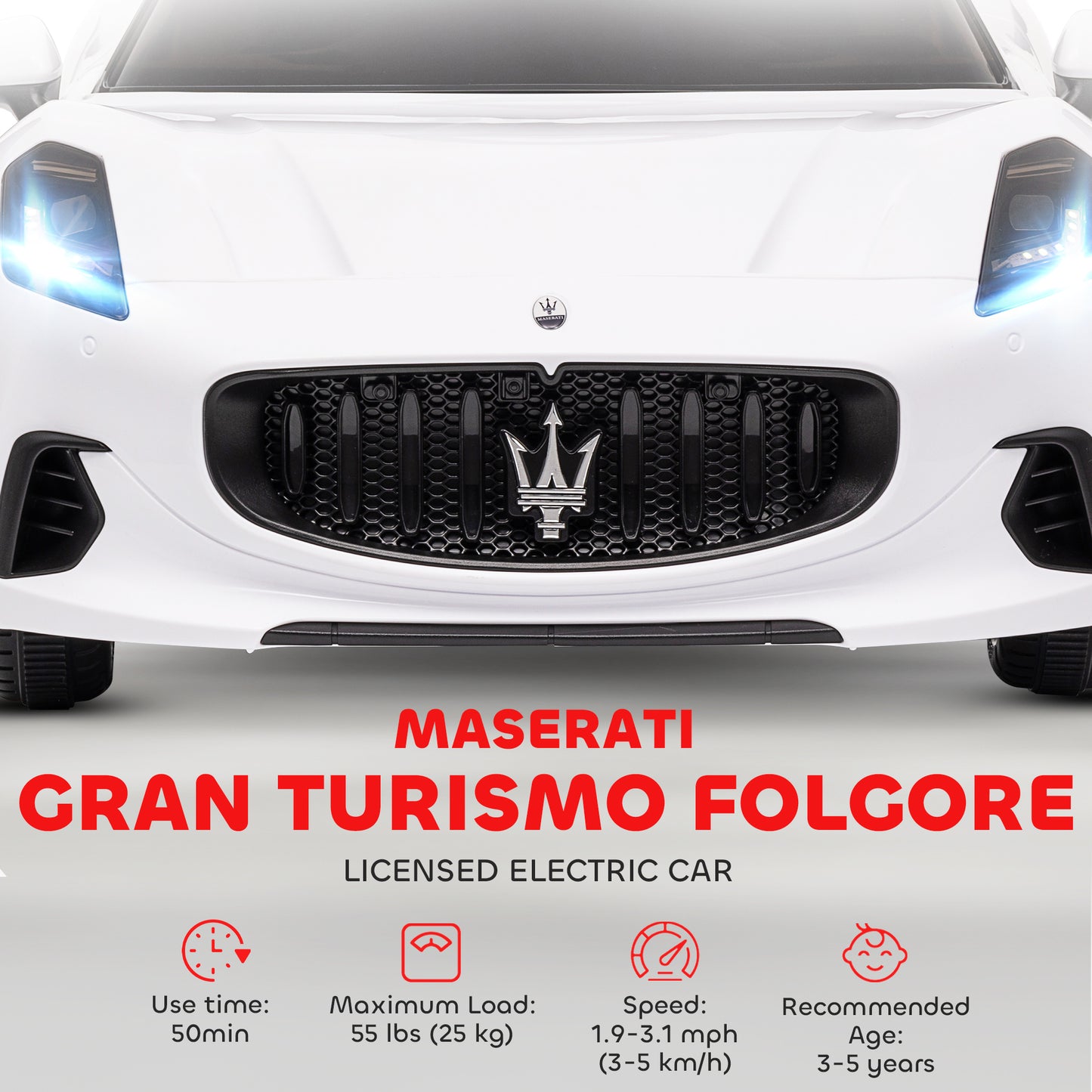 12V Maserati Gran Turismo Licensed Kids Electric Car w/ Remote Control, Soft Start, LED Lights, Music, Horn, MP3, White Kids Crystal