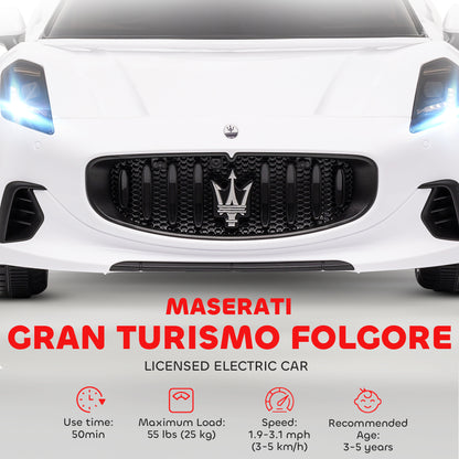12V Maserati Gran Turismo Licensed Kids Electric Car w/ Remote Control, Soft Start, LED Lights, Music, Horn, MP3, White