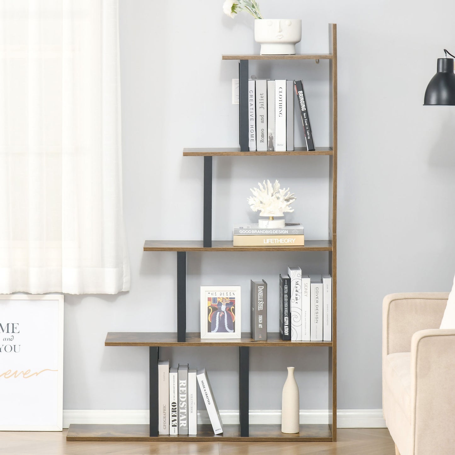 Rustic Ladder Chic: 5-Tier Industrial Wooden Bookshelf Display Stand Organizer, Rustic Brown for Living Room Kids Crystal