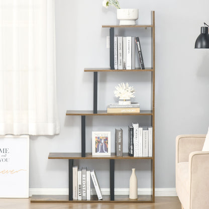 Rustic Ladder Chic: 5-Tier Industrial Wooden Bookshelf Display Stand Organizer, Rustic Brown for Living Room