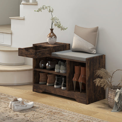 Upholstered Shoe Storage Bench Hallway Entryway Seat Drawer 3 Open Shelves Rustic Brown Wood
