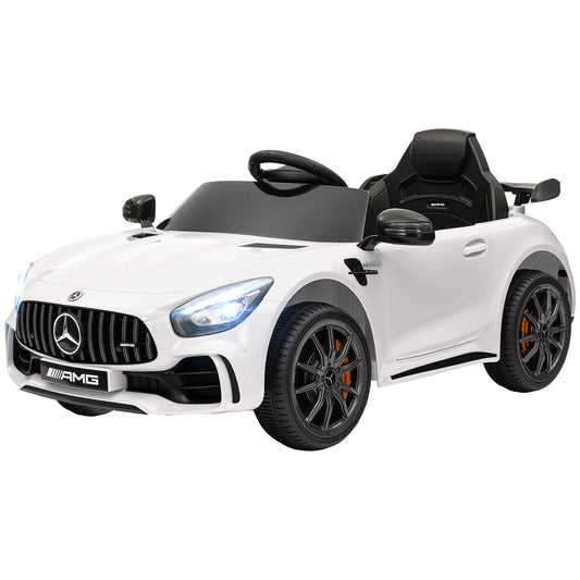 Mercedes-Benz AMG GTR Licensed 12V Battery Powered Kids Electric Car w/ Remote, Soft Start, Lights, Music Horn White Kids Crystal