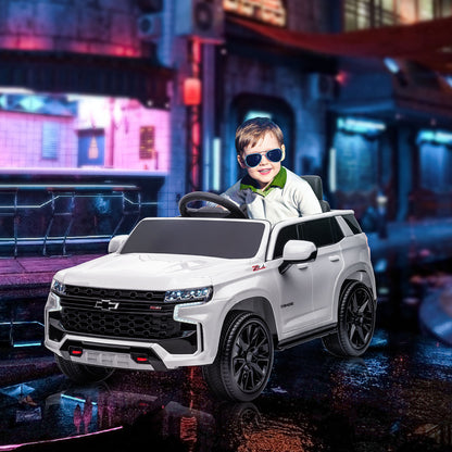 12V Chevrolet TAHOE Ride-On: Remote Control, 3 Speeds, LED Lights, Horn, Music Player for 3-6 Years, White