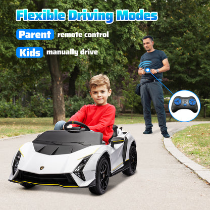 12V Lamborghini Autentica Licensed Kids Car with Remote Control, 4 Wheels Spring Suspension, Soft Start, White