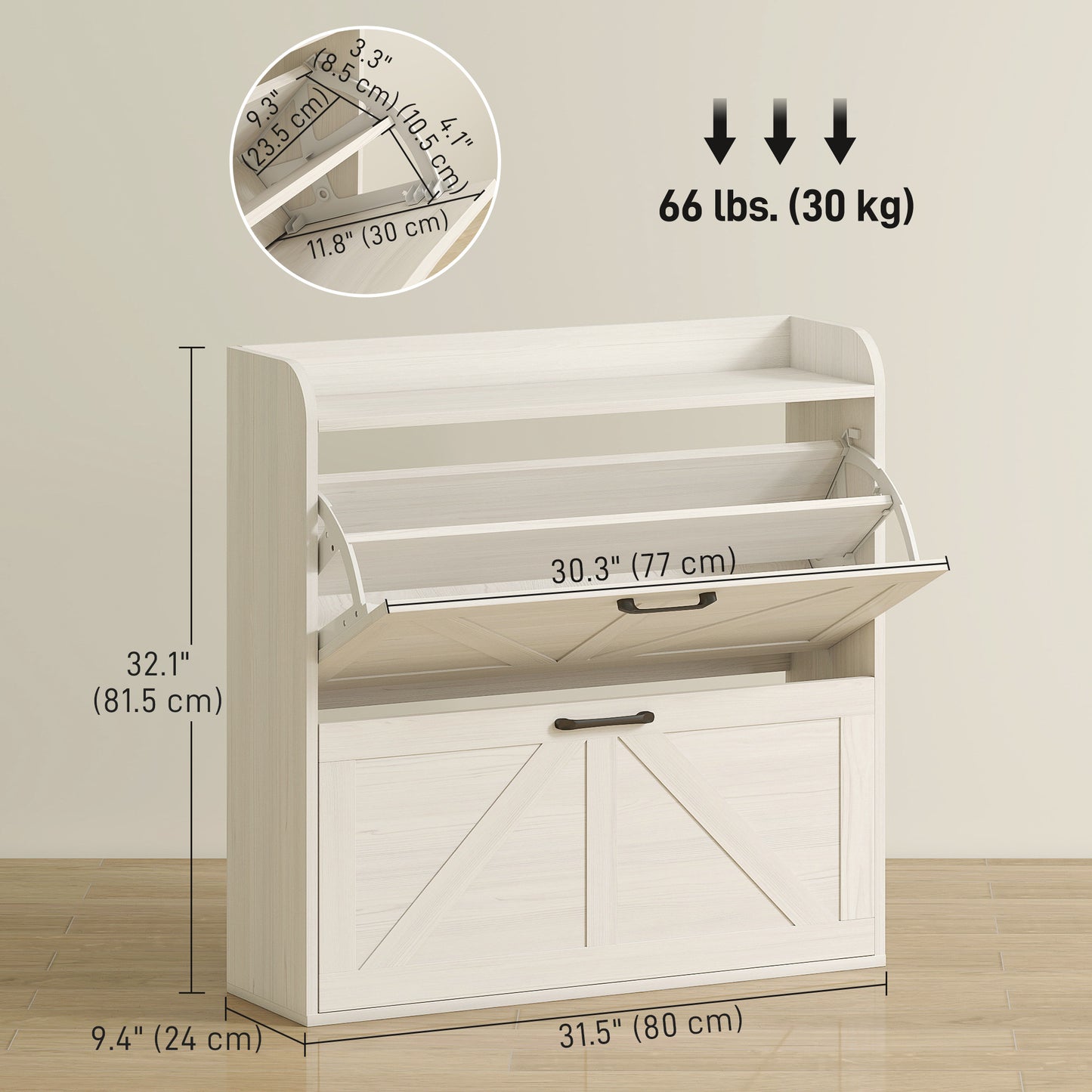 Narrow Shoe Storage Cabinet, Farmhouse Slim Shoe Cabinet with 2 Flip Drawers, Adjustable Shelves, Oak White Kids Crystal