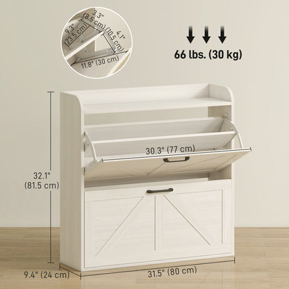 Narrow Shoe Storage Cabinet, Farmhouse Slim Shoe Cabinet with 2 Flip Drawers, Adjustable Shelves, Oak White