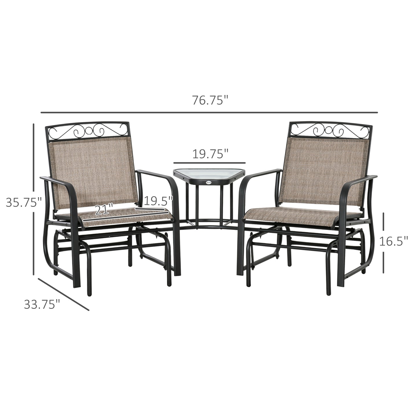 Outdoor Glider Bench with Coffee Table, Patio 2-Seat Rocking Chair Swing Loveseat with Breathable Sling, Brown Kids Crystal